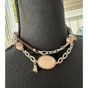 Chicos Pink Silver Tone Brown Long Rope Link Chain Charms Statement Necklace NEW